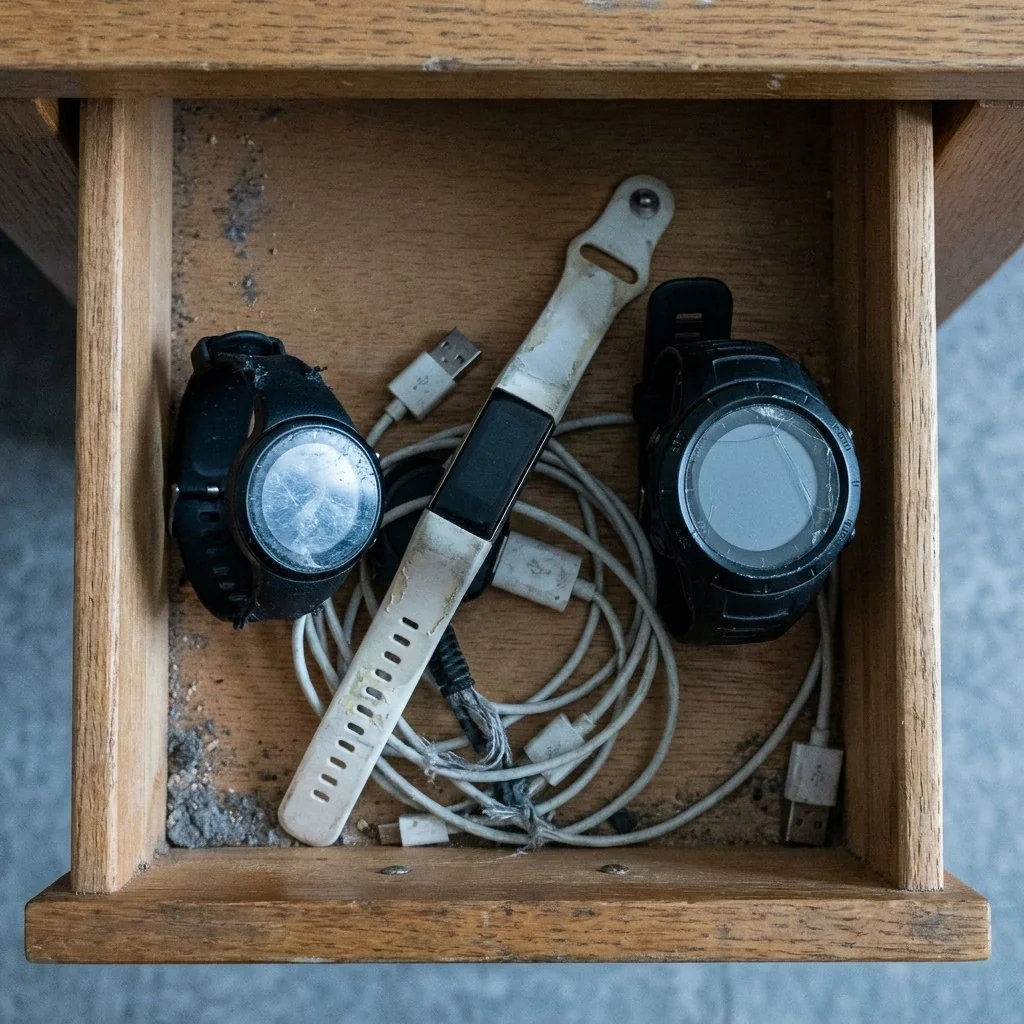 Cajón lleno de smartwatches rotos y cables enredados